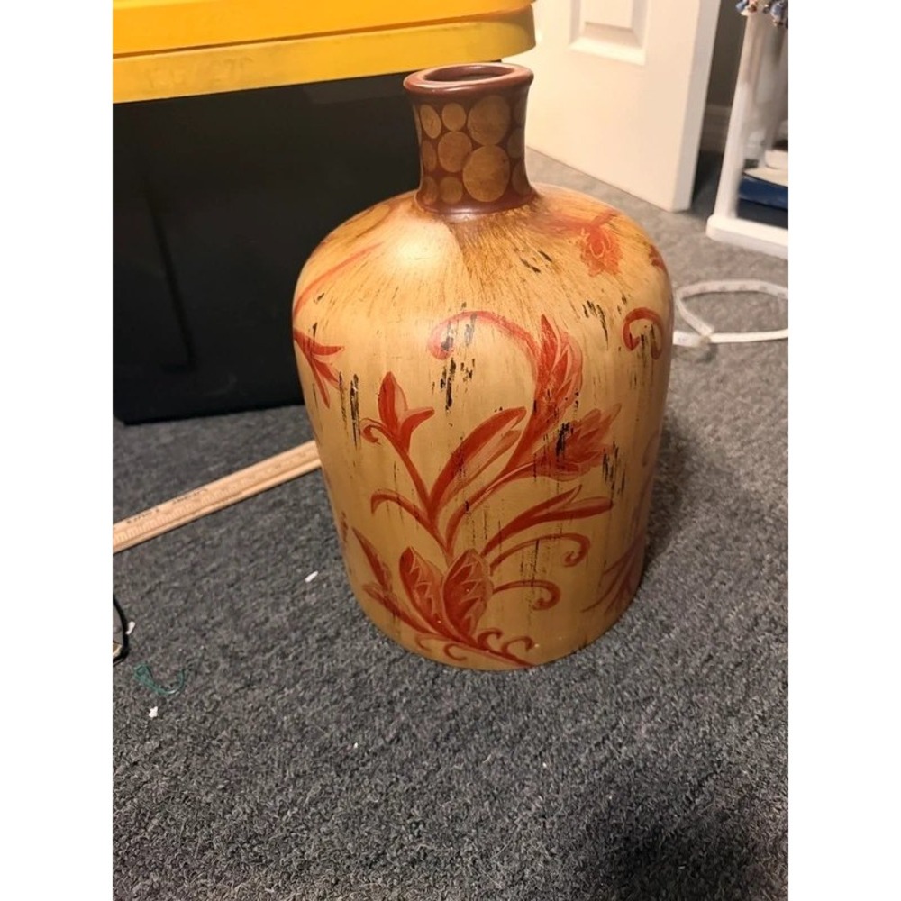 Rustic Hand Painted Ceramic Floor Vase Orange Floral Distressed Earth Tones 15in